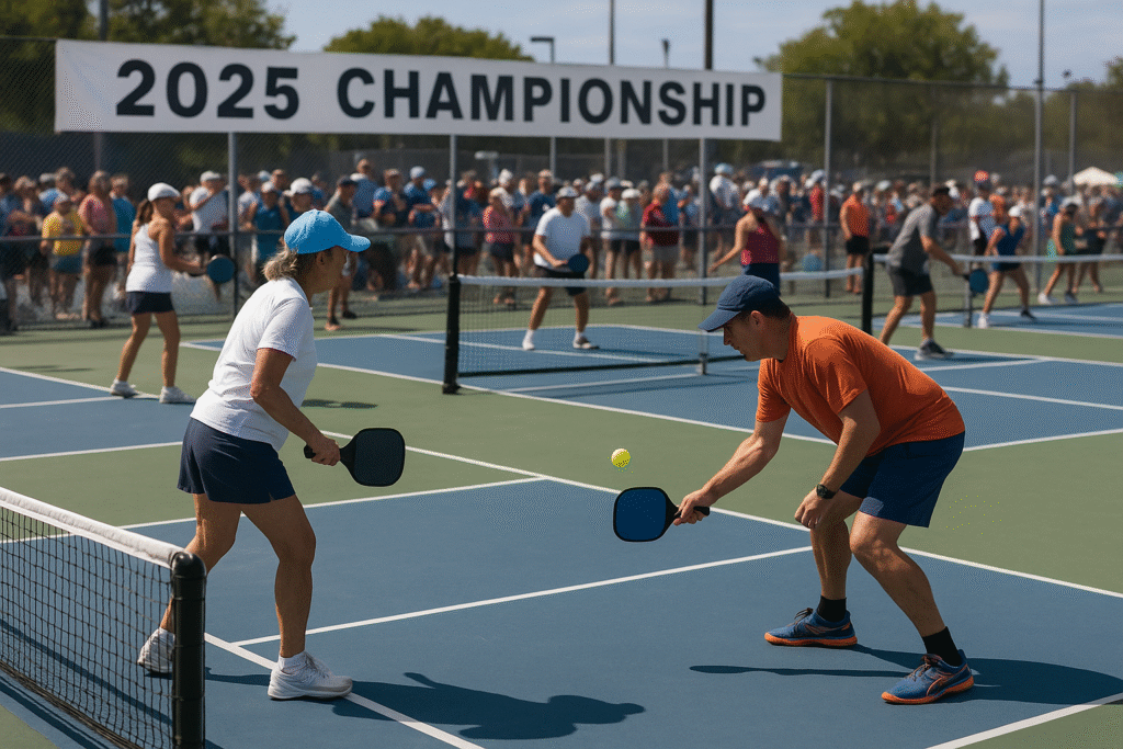 Pickleball tournament with players and spectators during 2025 championship.