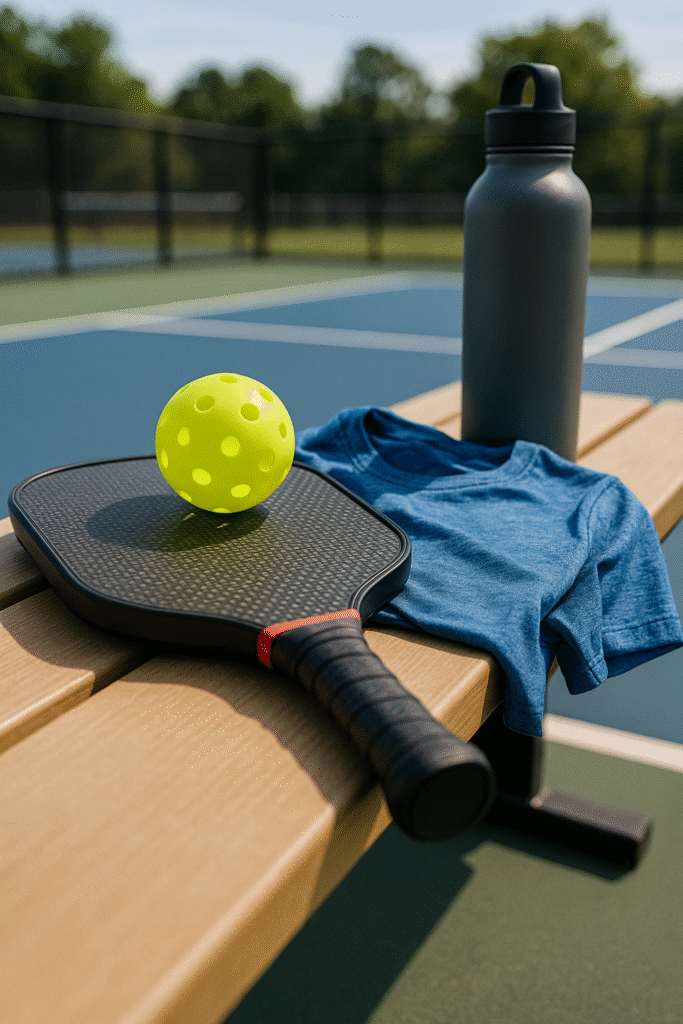 Modern pickleball paddle and trendy athletic gear showing 2025 pickleball trends.