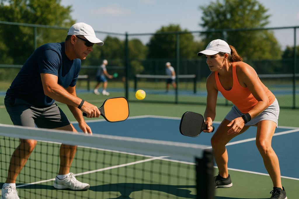 Players practicing pickleball drills at the kitchen line on an outdoor court