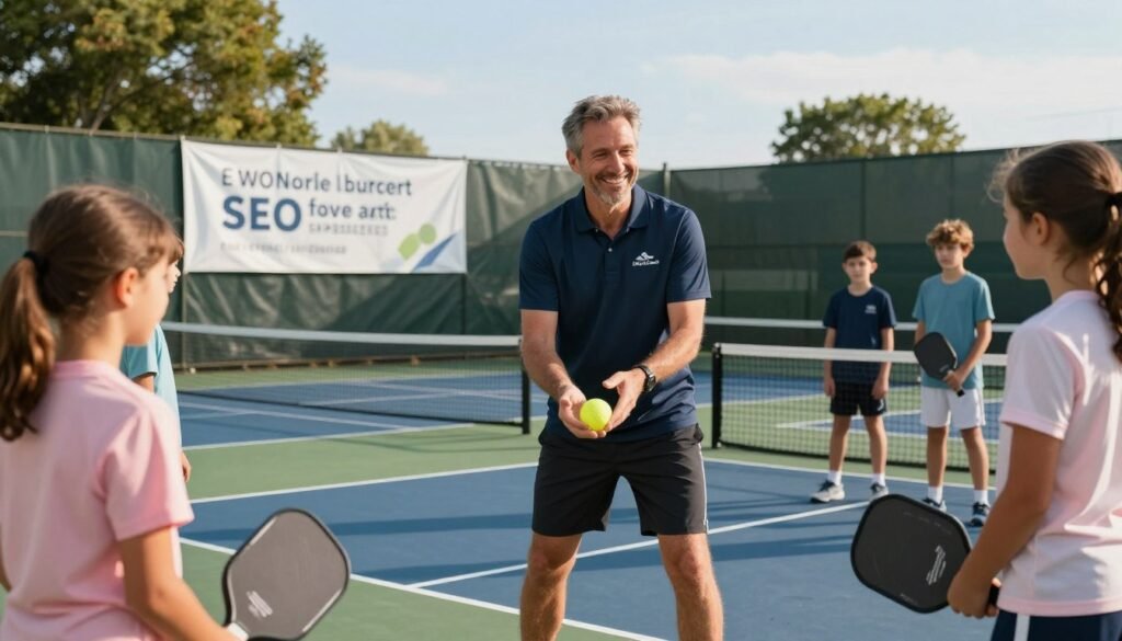 A local pickleball coach, a middle-aged man with a friendly smile, stands confidently on an outdoor court, dressed in a smart polo shirt and athletic shorts. In the foreground, he holds a paddle and a ball, demonstrating proper grip and stance to a small group of enthusiastic students eager to learn. In the middle ground, the vibrant pickleball court is marked with bright lines, while a banner showing local SEO keywords subtly hangs in the background, emphasizing the theme of business growth. Soft afternoon sunlight casts gentle shadows, creating a warm and inviting atmosphere. The coach’s approach is engaging and approachable, conveying confidence and expertise, with nearby trees and a clear blue sky enhancing the serene outdoor setting.