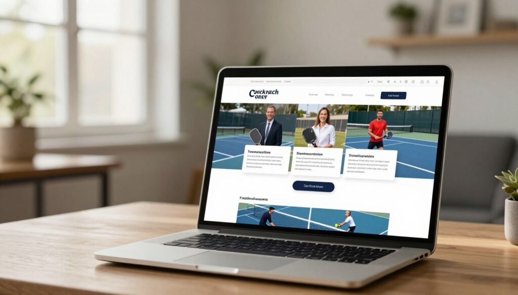 A modern and visually appealing pickleball coaching website interface displayed on a laptop, placed elegantly on a wooden desk. In the foreground, include well-organized sections showcasing essential features: a clean navigation bar, an eye-catching call-to-action button, and vibrant images of pickleball coaching sessions. In the middle, depict testimonials with smiling, professionally attired individuals, conveying satisfaction. The background should feature a cozy home office setting, with natural light streaming in through a window, illuminating the space with a warm glow. Use a shallow depth of field to focus on the laptop while softly blurring the surroundings, creating an inviting and professional atmosphere. The image conveys a sense of professionalism, credibility, and engagement, ideal for a coaching website.