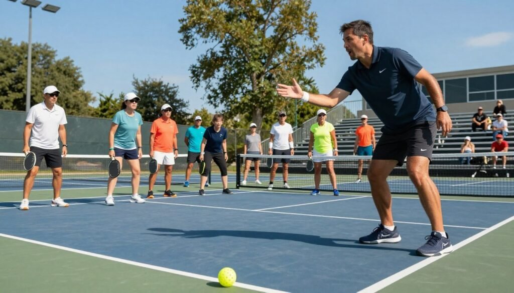 A pickleball coach in their 30s, dressed in a professional polo shirt and comfortable athletic shoes, stands on an outdoor court. The coach is gesturing enthusiastically as they demonstrate a pickleball stance to a diverse group of adult players, all wearing modest athletic attire. In the foreground, a bright pickleball paddle and a pickleball are placed on the court, emphasizing the sport's focus. In the middle, the group of players shows a mix of concentration and excitement, engaged in learning. The background features a sunny day with clear blue skies, tall trees, and bleachers filled with interested spectators. The image captures a vibrant atmosphere filled with energy and camaraderie, using natural lighting to highlight the action and expressions. The angle is slightly elevated, showing the court's dynamic environment.