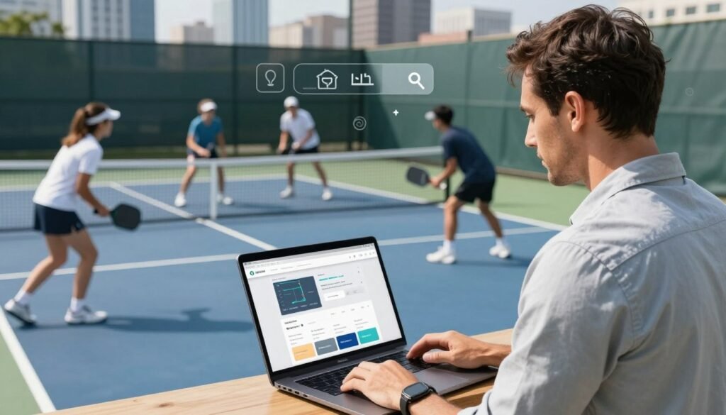 A professional scenario depicting a pickleball coaching session with a focus on local search optimization. In the foreground, a smartly dressed pickleball coach, wearing business casual attire, is using a laptop, showcasing a website analytics dashboard. The middle layer features a pickleball court with students actively participating in a coaching session, demonstrating engagement and teamwork. In the background, a blurred cityscape symbolizes local connectivity, with digital elements like maps and search icons subtly integrated into the scene. The lighting is bright, suggesting a sunny day, creating an energetic and motivational atmosphere. Use a slightly elevated angle to capture the entire scene, emphasizing the importance of technology in coaching.