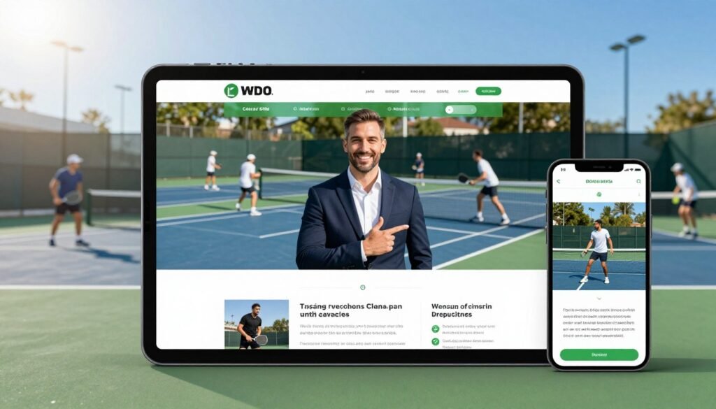 A sleek, modern homepage design for a professional pickleball coaching website, showcasing a vibrant color palette of greens and blues that reflects a sporty atmosphere. In the foreground, a tablet and smartphone display the website's homepage, featuring an engaging layout with images of pickleball players in action, testimonials, and coaching tips. The middle features a trainer in professional business attire, smiling confidently while pointing at the tablet, suggesting a welcoming and expert vibe. In the background, bright pickleball courts are visible, with players practicing, framed by clear blue skies and bright sunlight, creating a lively and inspirational mood. The lighting is natural and warm, with a focus on showcasing the professionalism and accessibility of the coaching service.
