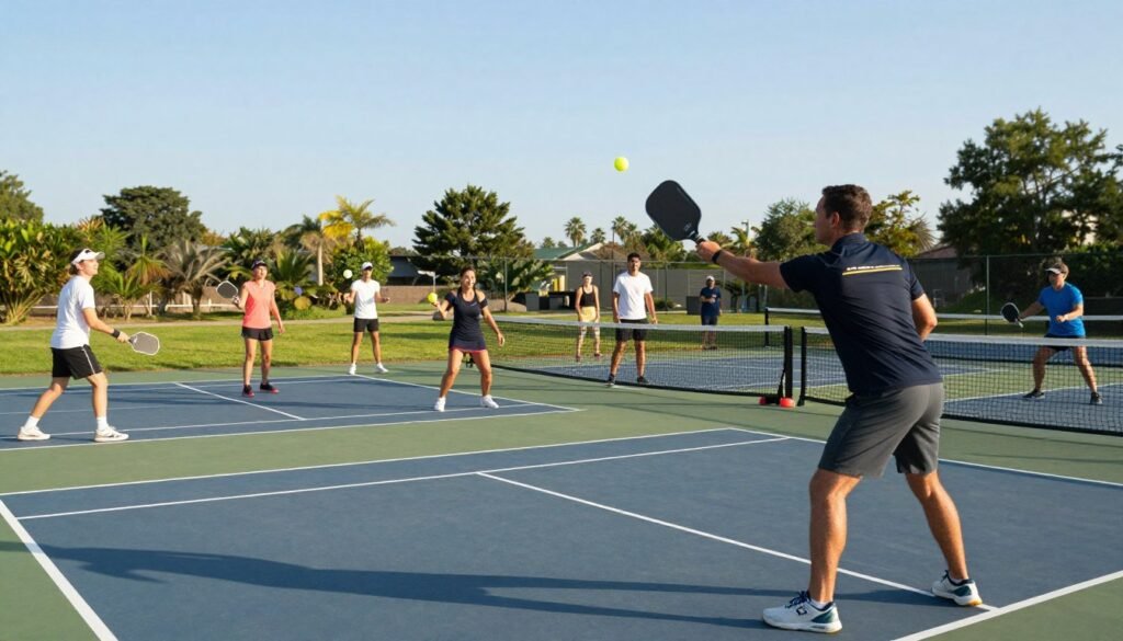 A vibrant outdoor pickleball court filled with enthusiastic coaching clients engaged in practice. In the foreground, a professional coach demonstrates a technique, wearing a branded sports polo and comfortable shorts. Several clients, both men and women, in modest athletic wear, intently observe and mimic the drill, showcasing diverse skill levels and interactions. In the middle ground, a picturesque sunny scene with greenery surrounding the court adds to the atmosphere. The background features a clear blue sky and distant trees, emphasizing an inviting environment. Soft, natural lighting highlights the energetic expressions and movements of the individuals. Capture this scene from a slightly elevated angle to provide a dynamic perspective that conveys teamwork and growth in the sport of pickleball.