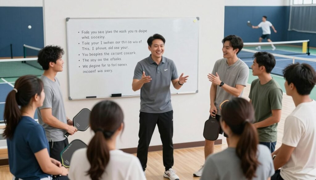 A bright and inviting indoor setting showcasing a professional indoor pickleball coaching session. In the foreground, a well-dressed coach, wearing a smart polo shirt and athletic pants, interacts enthusiastically with a diverse group of clients in modest casual clothing. The clients are sharing their testimonials, smiling and gesturing expressively, embodying trust and satisfaction. In the middle ground, a large whiteboard displays positive quotes about the coaching experience, enhancing the sense of credibility. The background features pickleball equipment and an action shot of a pickleball game in progress to convey a dynamic atmosphere. Soft, natural lighting fills the room, creating an uplifting mood, captured from a slightly elevated angle to give a comprehensive view of the interaction and engagement.