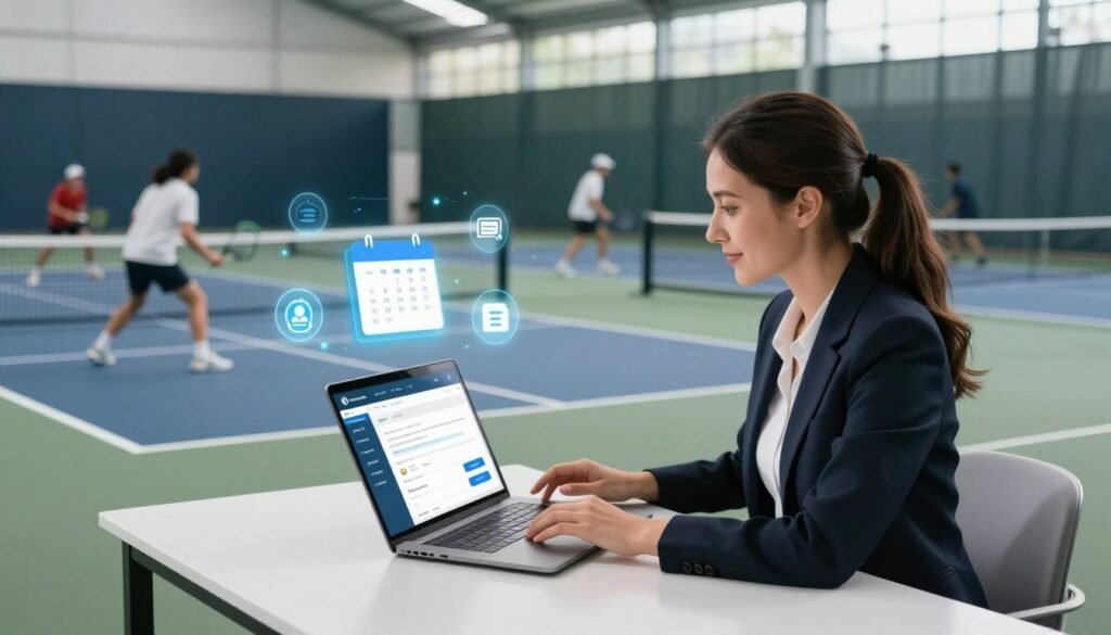 A bright, modern pickleball facility with a focus on online booking automation. In the foreground, a professional-looking woman in business attire, sitting at a sleek desk with a laptop, navigating an intuitive online booking interface. Her expression reflects concentration and satisfaction. In the middle, digital elements like calendars and payment icons float above the desk, symbolizing efficiency and connectivity. The background features pickleball courts in action, with players engaged in a game, adding vibrancy. Natural light floods the scene, enhancing the energetic atmosphere. The image is captured from a slight angle, giving depth and allowing viewers to see both the booking process and the lively activity of the facility. A bright, modern pickleball facility with a focus on online booking automation. In the foreground, a professional-looking woman in business attire, sitting at a sleek desk with a laptop, navigating an intuitive online booking interface. Her expression reflects concentration and satisfaction. In the middle, digital elements like calendars and payment icons float above the desk, symbolizing efficiency and connectivity. The background features pickleball courts in action, with players engaged in a game, adding vibrancy. Natural light floods the scene, enhancing the energetic atmosphere. The image is captured from a slight angle, giving depth and allowing viewers to see both the booking process and the lively activity of the facility.