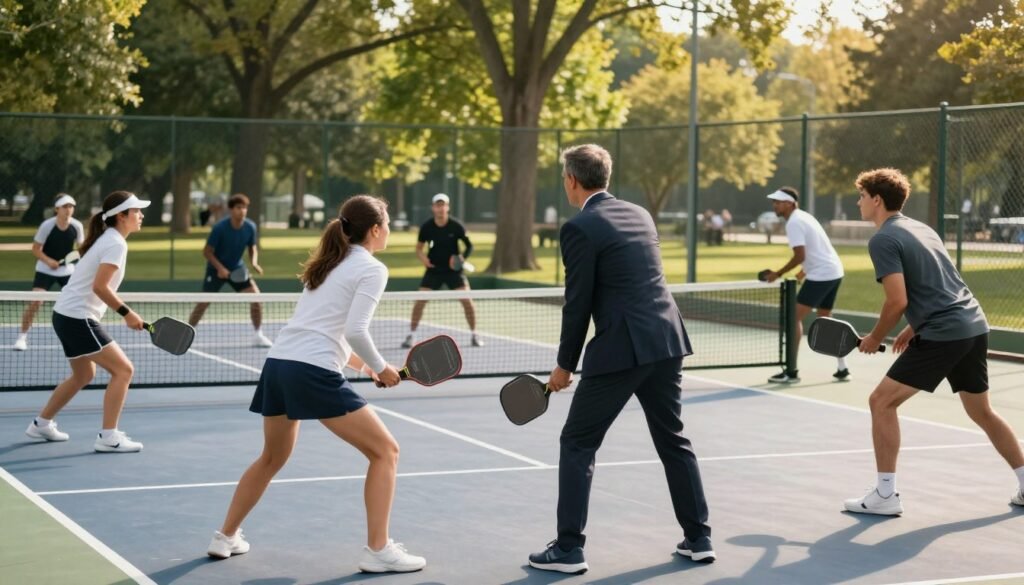 A dynamic scene capturing the essence of turning pickleball coaching into a full-time business. In the foreground, a diverse group of individuals in professional business attire, including a woman and a man demonstrating coaching techniques on a well-maintained pickleball court. The middle ground features a pickleball net and players engaged in an intense game, showcasing excitement and teamwork. In the background, a vibrant park setting with lush greenery and sunlight filtering through trees creates a warm atmosphere. The image is well-lit, with natural sunlight highlighting the players’ focused expressions, and shot from a slightly elevated angle to emphasize the court's action. The overall mood conveys passion, professionalism, and the entrepreneurial spirit of transforming a hobby into a thriving business.
