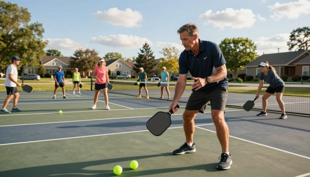 A focused pickleball coach demonstrating techniques on an outdoor court, surrounded by enthusiastic players. The coach, a middle-aged individual in a professional sports polo and shorts, holds a paddle, explaining a pickleball strategy. In the foreground, bright green pickleball paddles and balls are scattered on the ground. The middle ground features a diverse group of amateur players practicing their serves and volleys under sunny skies. In the background, a clear blue sky with a few fluffy clouds and a vibrant neighborhood park provides context. The lighting is warm, suggesting a late afternoon sun, creating soft shadows that enhance the engaging atmosphere of a community sports environment. The focus is sharp, highlighting the coach's expressive face and the excitement of the players.
