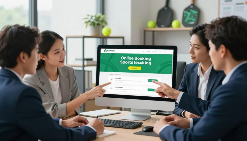 A professional workspace featuring a sleek computer monitor displaying an online booking platform for sports lessons. In the foreground, a diverse group of individuals in professional business attire are engaged in a collaborative discussion, pointing at the screen. The middle ground showcases a modern office environment with sports equipment subtly placed on shelves, like pickleball paddles and balls, symbolizing the sport focus. In the background, a large window lets in soft, natural light, creating an inviting atmosphere. The color palette is vibrant yet professional, with greens and blues reflecting health and energy. The scene conveys a sense of efficiency, innovation, and community, emphasizing the importance of streamlining business operations through technology.