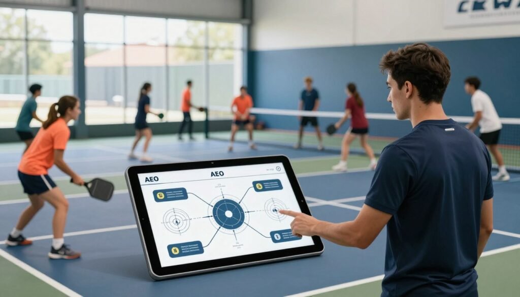 A vibrant indoor pickleball coaching session showcasing a diverse group of players engaged in a training drill, with a focus on strategic planning for future-proofing their coaching methods. In the foreground, a coach in professional attire demonstrates techniques with a paddle, while attentive players practice nearby. The middle layer features a digital tablet displaying dynamic diagrams and optimization strategies, illustrating AEO principles. In the background, large windows flood the space with natural light, highlighting the energy and enthusiasm of the coaching environment. The overall atmosphere is motivational and dynamic, emphasizing innovation and collaboration in the sport. Use bright, inviting colors and a slight blur effect to create a sense of depth, ensuring realism in the scene. A vibrant indoor pickleball coaching session showcasing a diverse group of players engaged in a training drill, with a focus on strategic planning for future-proofing their coaching methods. In the foreground, a coach in professional attire demonstrates techniques with a paddle, while attentive players practice nearby. The middle layer features a digital tablet displaying dynamic diagrams and optimization strategies, illustrating AEO principles. In the background, large windows flood the space with natural light, highlighting the energy and enthusiasm of the coaching environment. The overall atmosphere is motivational and dynamic, emphasizing innovation and collaboration in the sport. Use bright, inviting colors and a slight blur effect to create a sense of depth, ensuring realism in the scene.